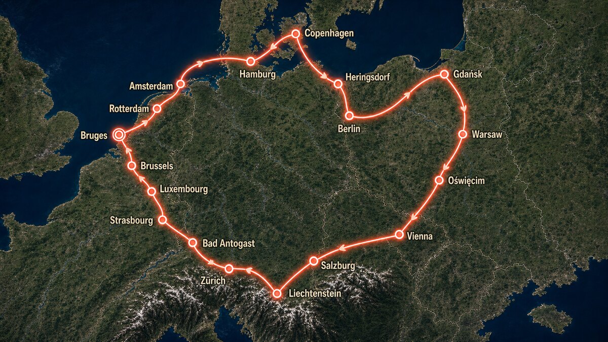Map of the HeartString European route through Bruges, Amsterdam, Copenhagen, Berlin, Warsaw, Vienna, Zurich and other cities