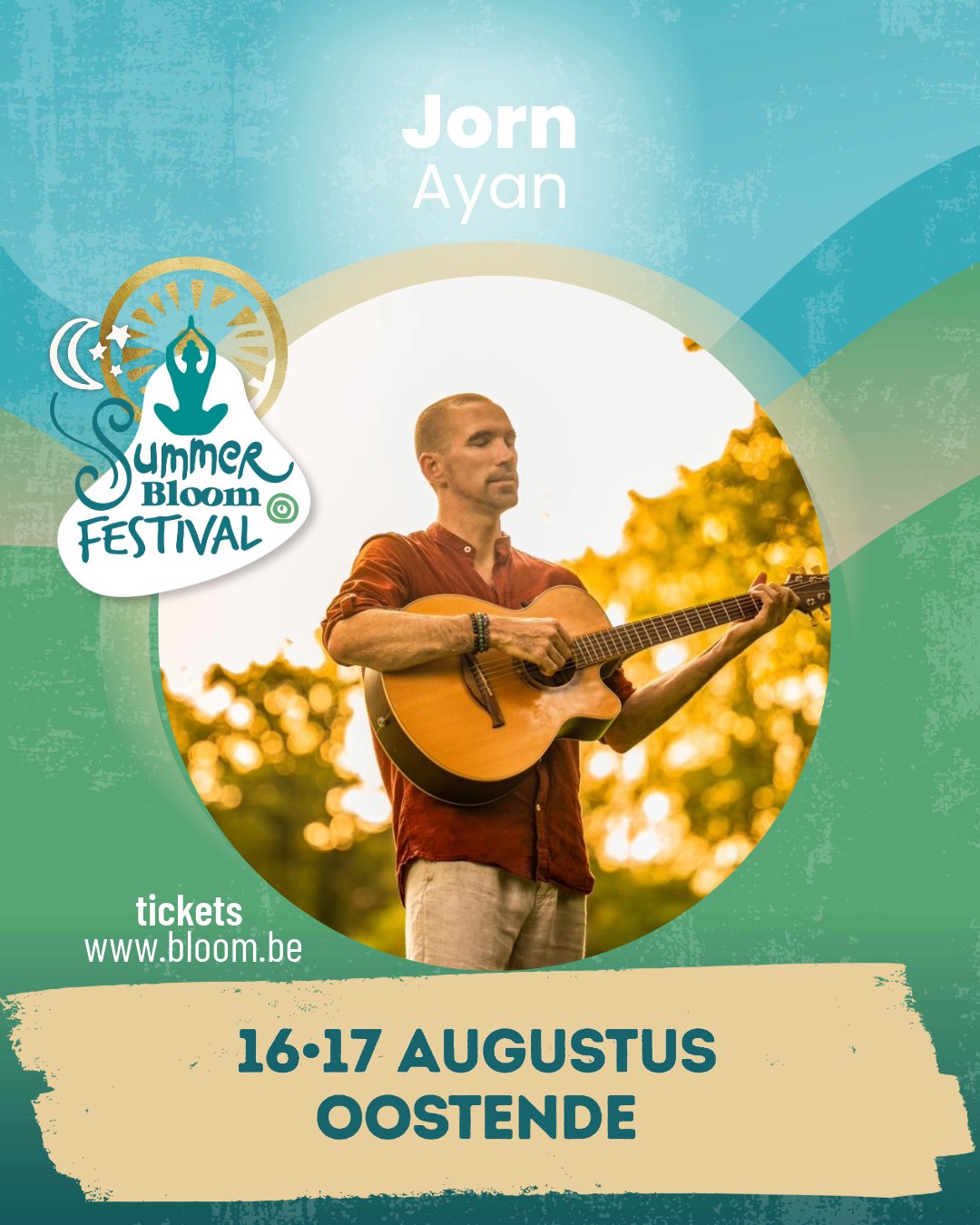 Summer Bloom Festival poster: Jorn Ayan playing guitar, 16-17 August, Oostende
