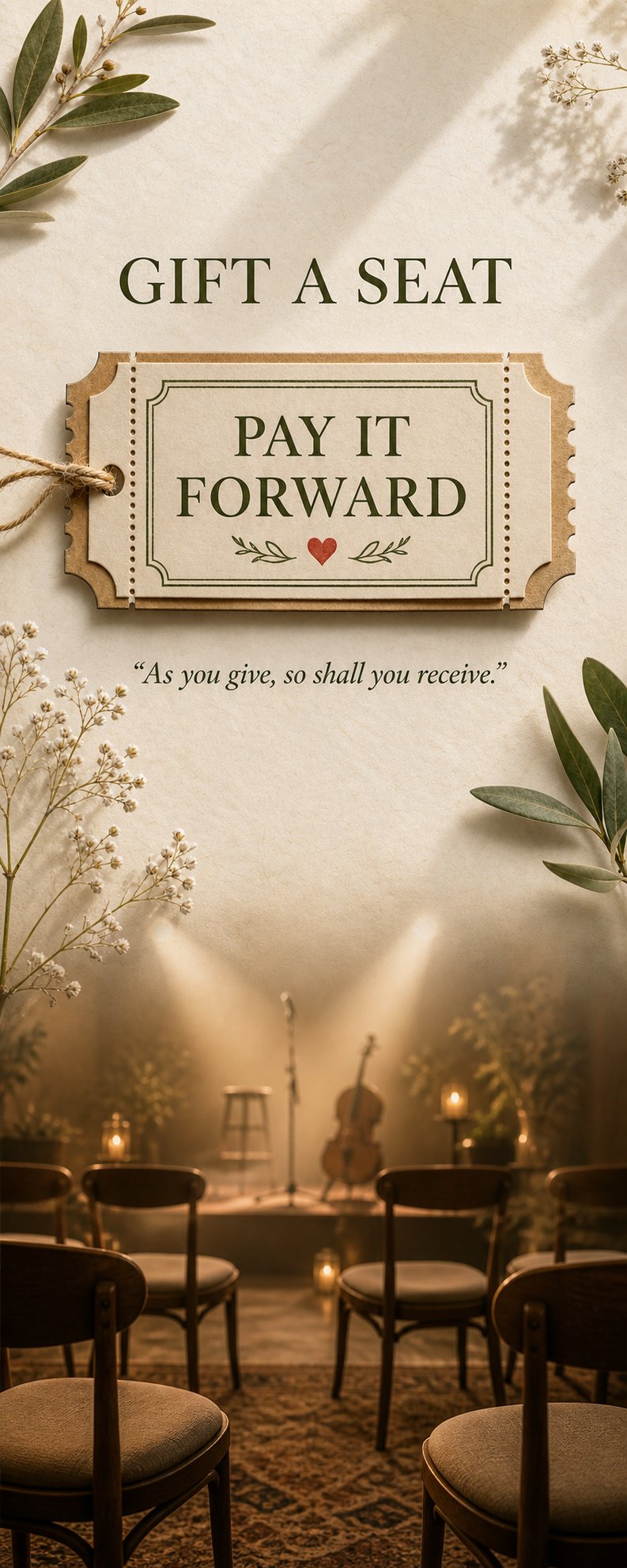 A designed ticket graphic reading Pay It Forward, Gift a Seat: as you give, so shall you receive